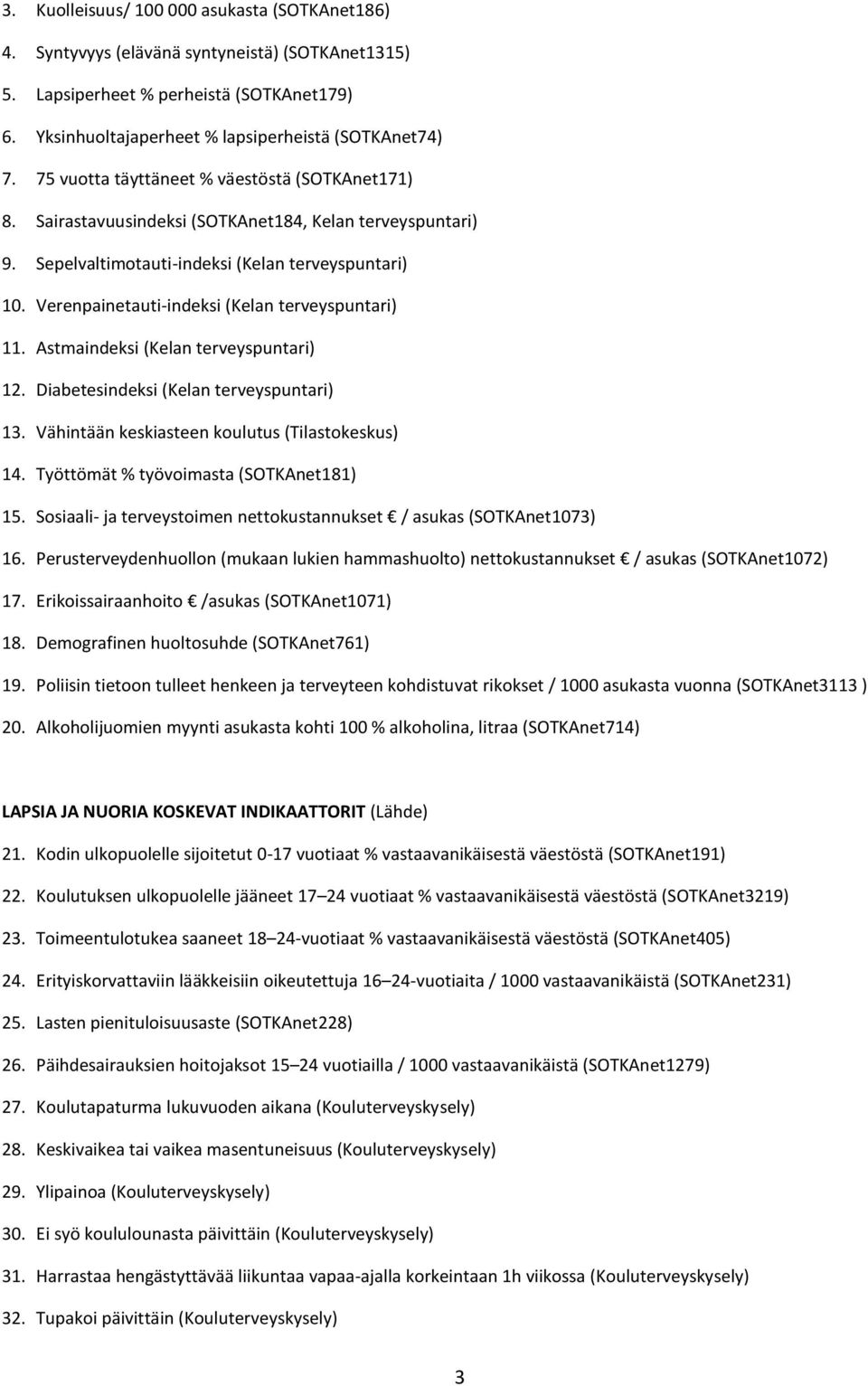 Verenpainetauti-indeksi (Kelan terveyspuntari) 11. Astmaindeksi (Kelan terveyspuntari) 12. Diabetesindeksi (Kelan terveyspuntari) 13. Vähintään keskiasteen koulutus (Tilastokeskus) 14.