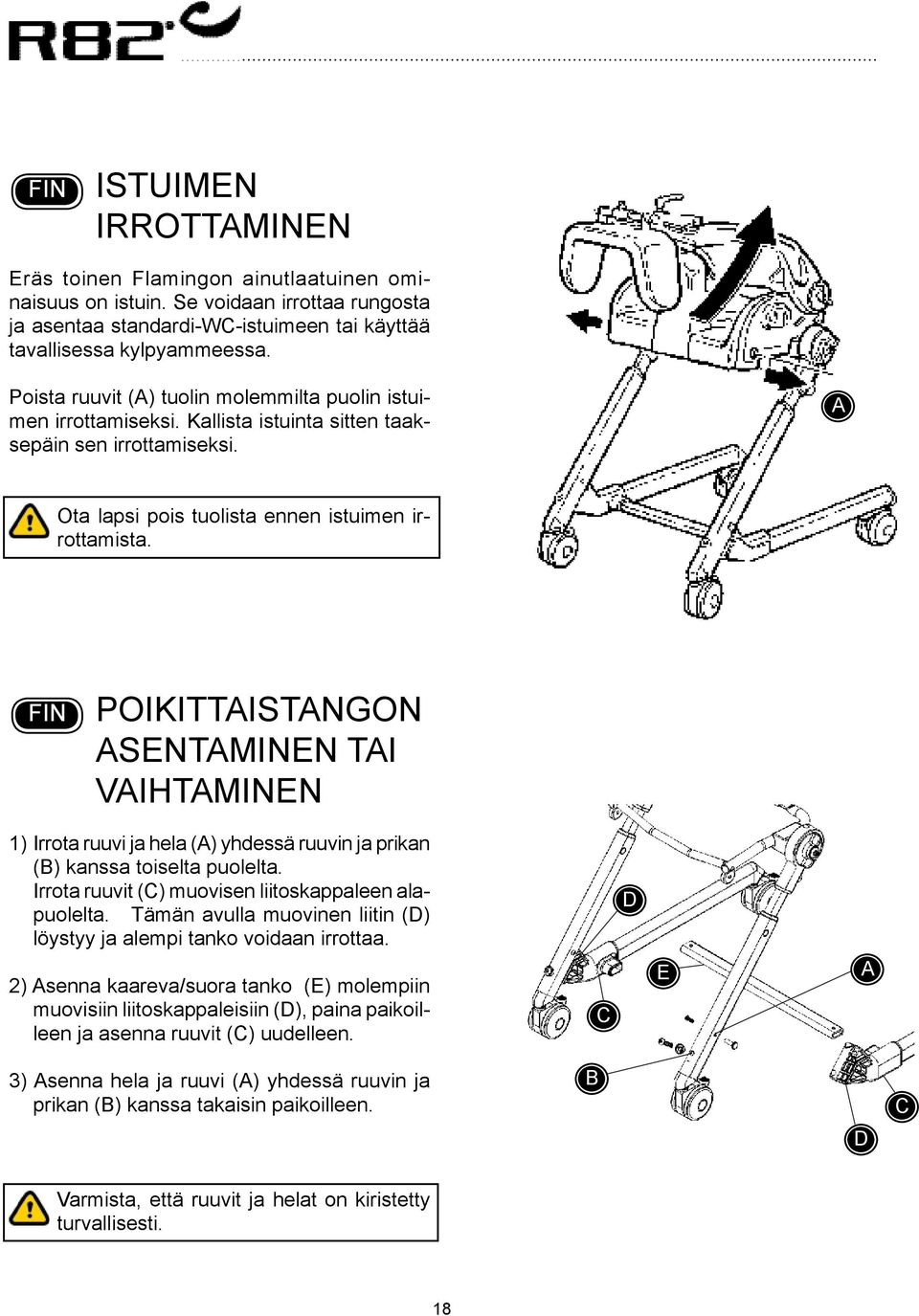 Poikittaistangon asentaminen tai vaihtaminen 1) Irrota ruuvi ja hela () yhdessä ruuvin ja prikan () kanssa toiselta puolelta. Irrota ruuvit (C) muovisen liitoskappaleen alapuolelta.