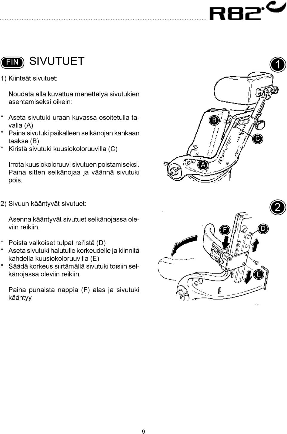 Paina sitten selkänojaa ja väännä sivutuki pois. 2) Sivuun kääntyvät sivutuet: senna kääntyvät sivutuet selkänojassa oleviin reikiin.