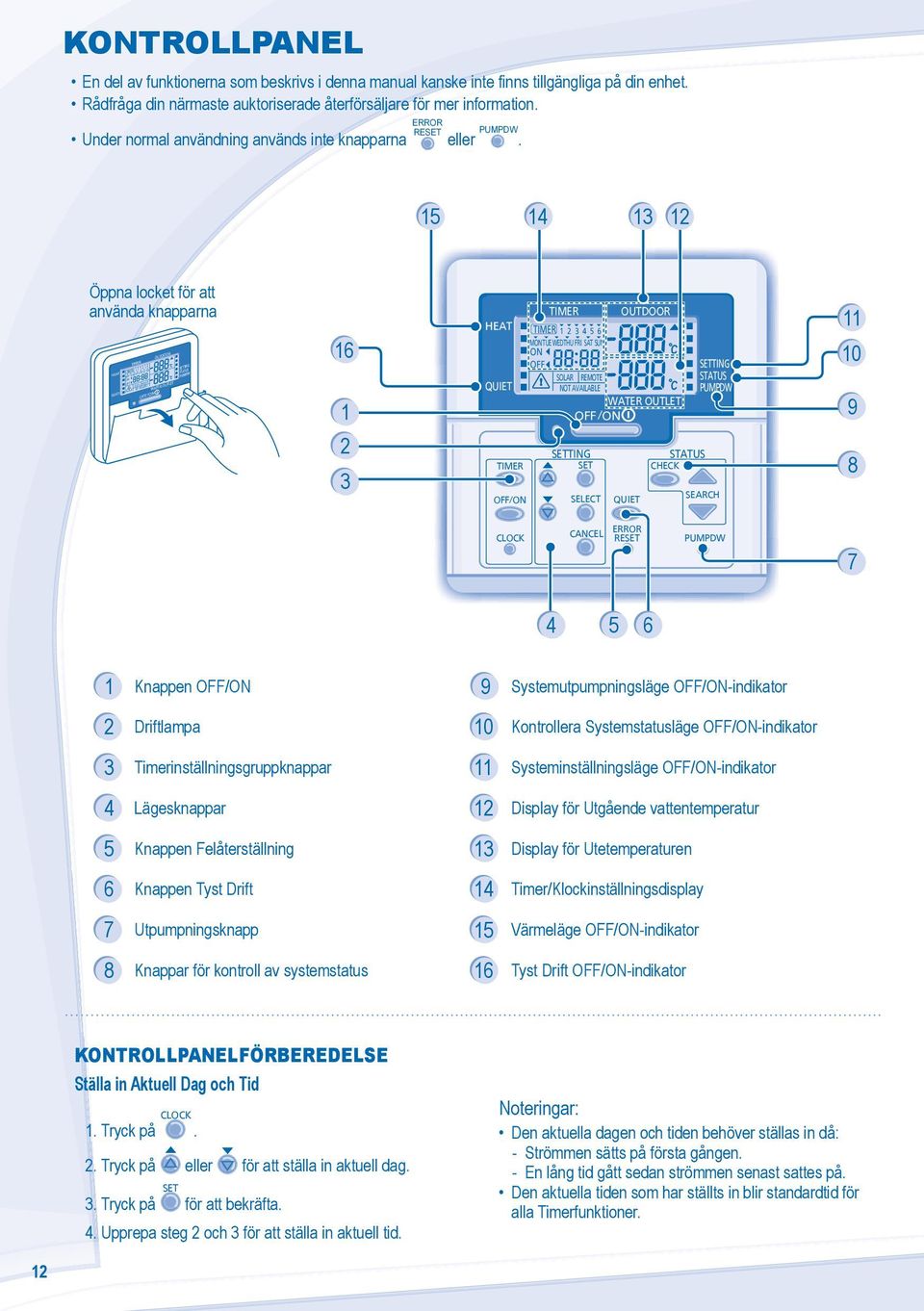 15 14 13 12 Öppna locket för att använda knapparna TANK OPERATI 1 OUTDOOR M TUE WEDTHU FRI SAT SUN 2 3 4 5 6 SOLAR REMOTE NOT AVAILABLE / WATER OUTLET ATUAL BOOSTER 16 1 2 3 TANK OPERATI / 1 2 3 4 5