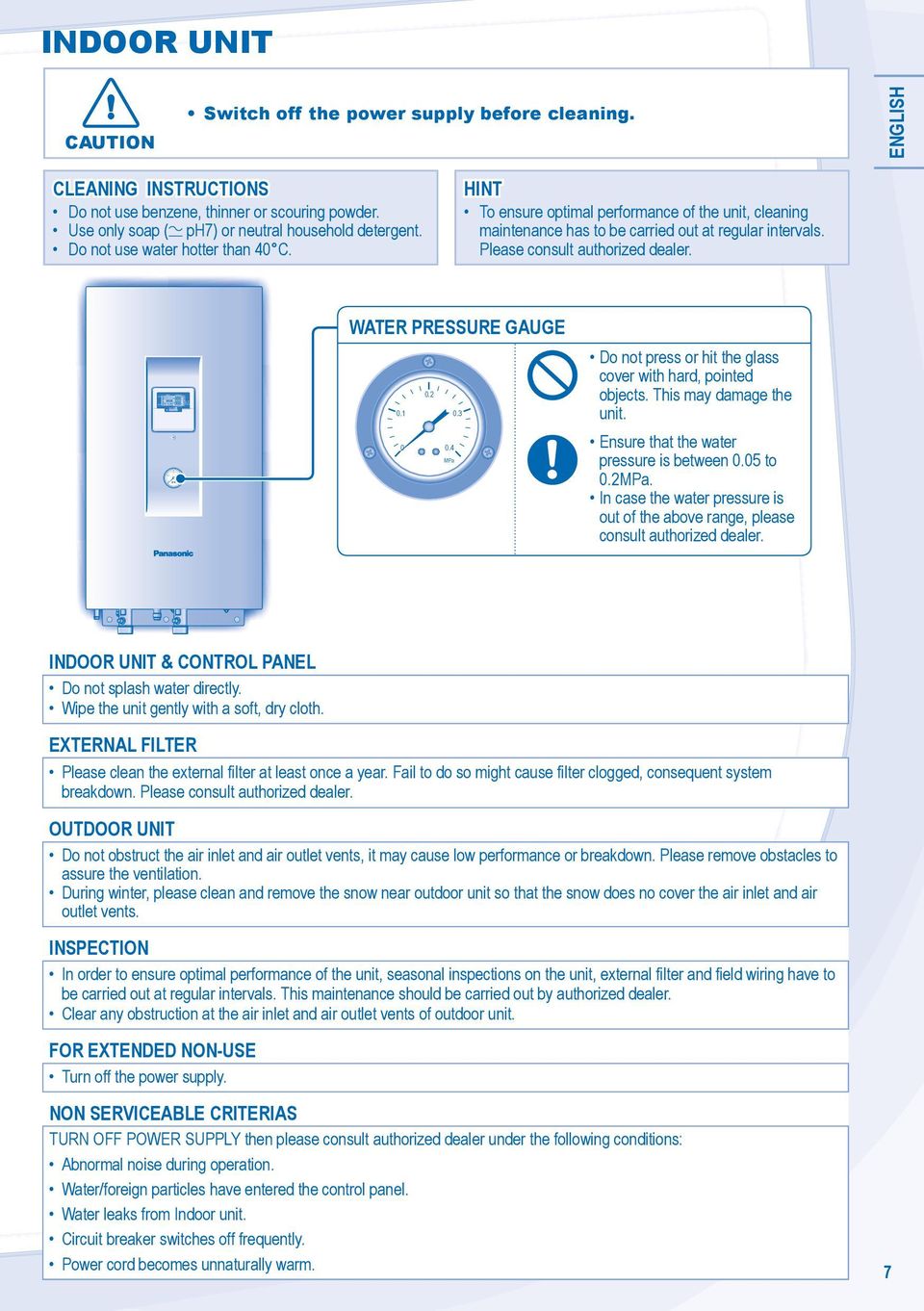 HINT To ensure optimal performance of the unit, cleaning maintenance has to be carried out at regular intervals. Please consult authorized dealer. WATER PRESSURE GAUGE 0.1 0 0.2 0.4 MPa 0.