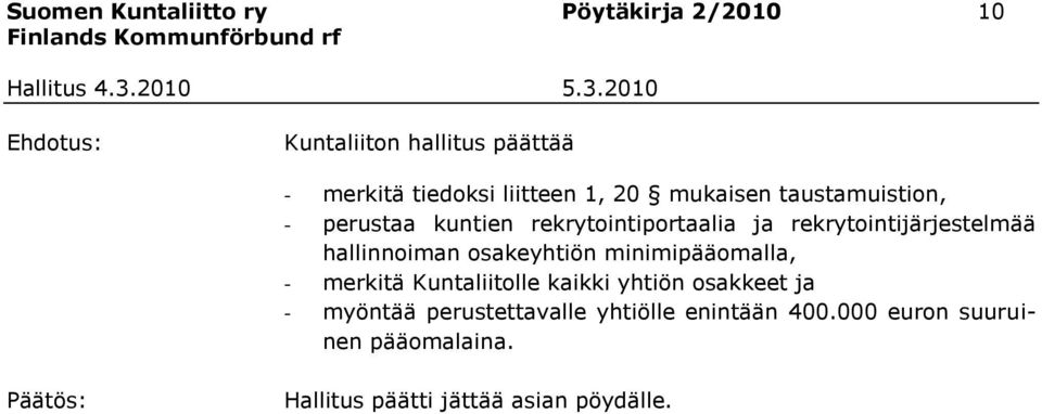 hallinnoiman osakeyhtiön minimipääomalla, - merkitä Kuntaliitolle kaikki yhtiön osakkeet ja - myöntää