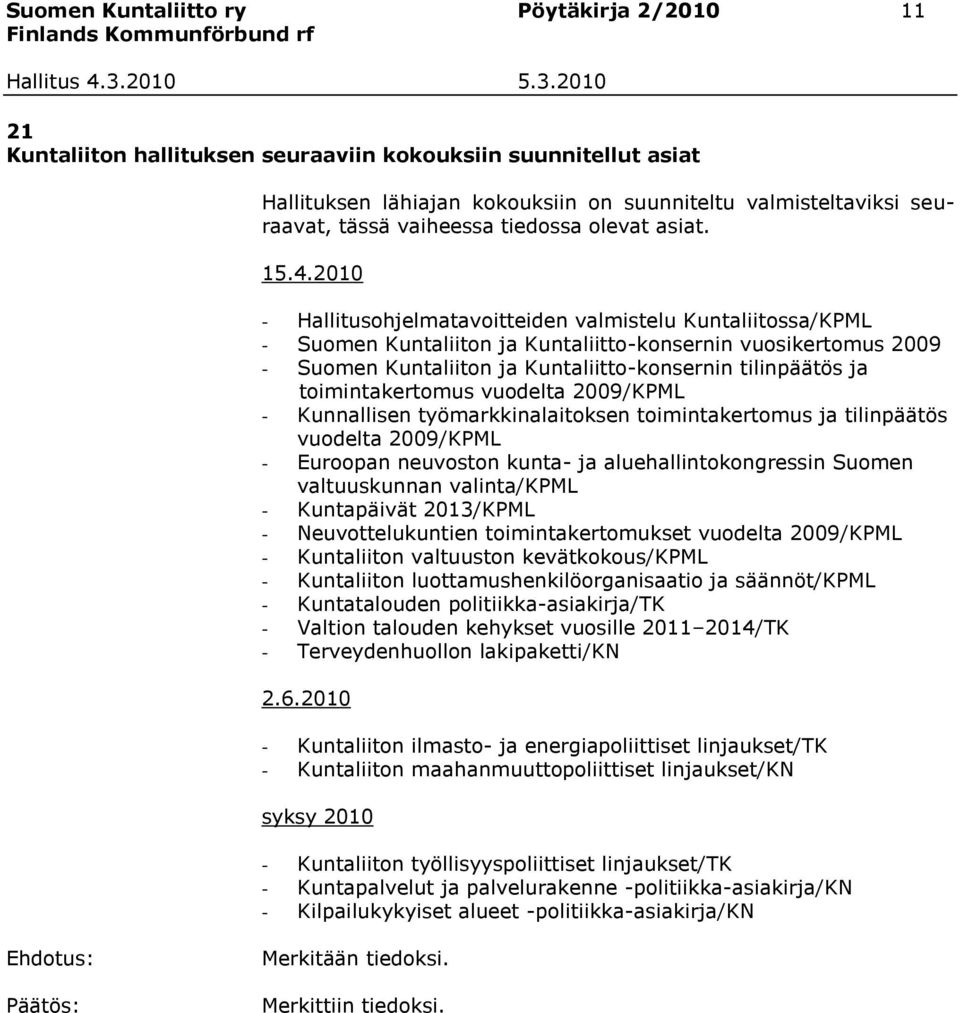 2010 - Hallitusohjelmatavoitteiden valmistelu Kuntaliitossa/KPML - Suomen Kuntaliiton ja Kuntaliitto-konsernin vuosikertomus 2009 - Suomen Kuntaliiton ja Kuntaliitto-konsernin tilinpäätös ja