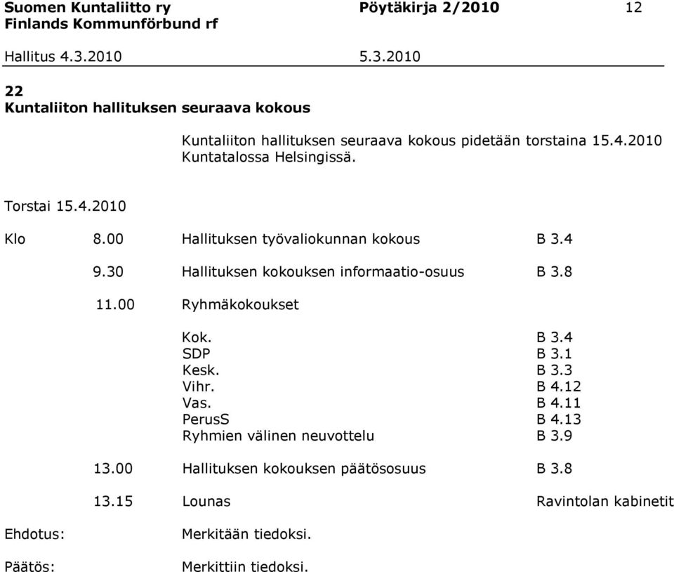 30 Hallituksen kokouksen informaatio-osuus B 3.8 11.00 Ryhmäkokoukset Kok. B 3.4 SDP B 3.1 Kesk. B 3.3 Vihr. B 4.12 Vas. B 4.11 PerusS B 4.