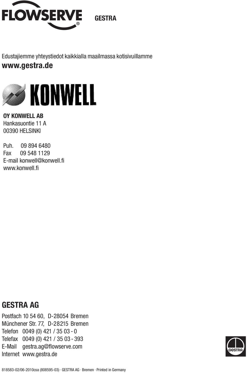 konwell.fi GESTRA AG Postfach 10 54 60, D-28054 Bremen Münchener Str.