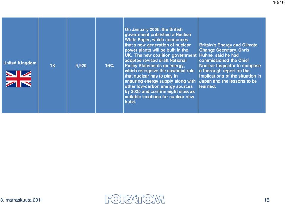 The new coalition government adopted revised draft National Policy Statements on energy, which recognize the essential role that nuclear has to play in ensuring energy supply along