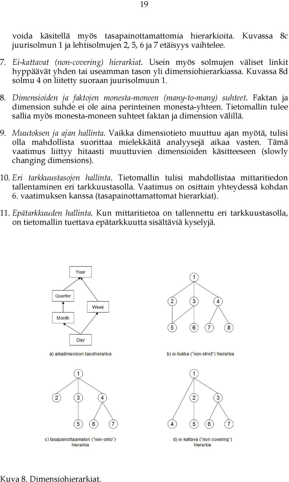 Faktan ja dimension suhde ei ole aina perinteinen monesta-yhteen. Tietomallin tulee sallia myös monesta-moneen suhteet faktan ja dimension välillä. 9. Muutoksen ja ajan hallinta.