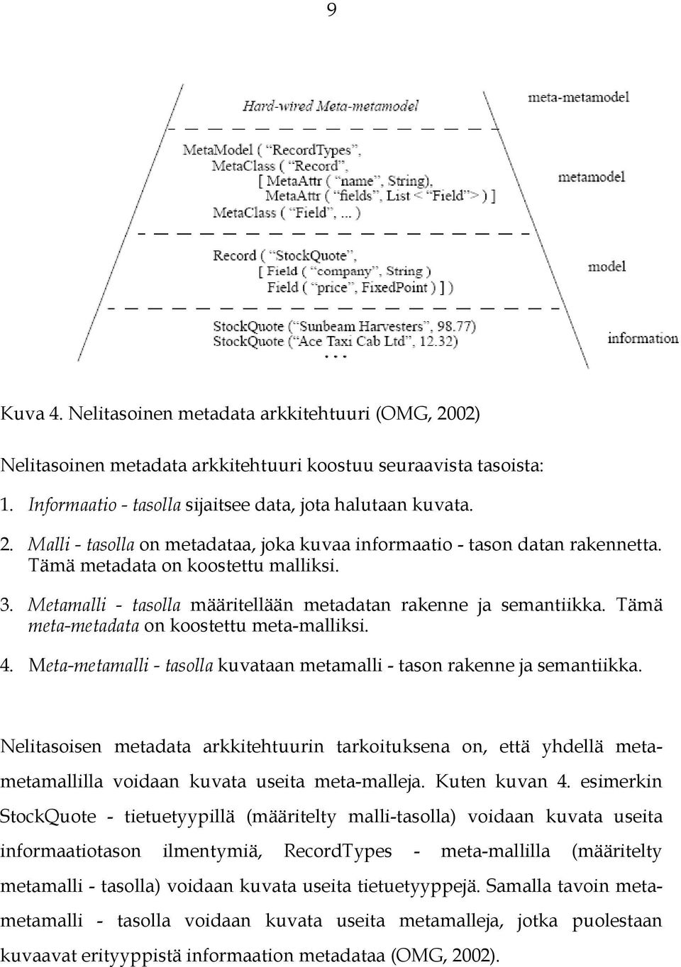 Meta-metamalli - tasolla kuvataan metamalli - tason rakenne ja semantiikka. Nelitasoisen metadata arkkitehtuurin tarkoituksena on, että yhdellä metametamallilla voidaan kuvata useita meta-malleja.