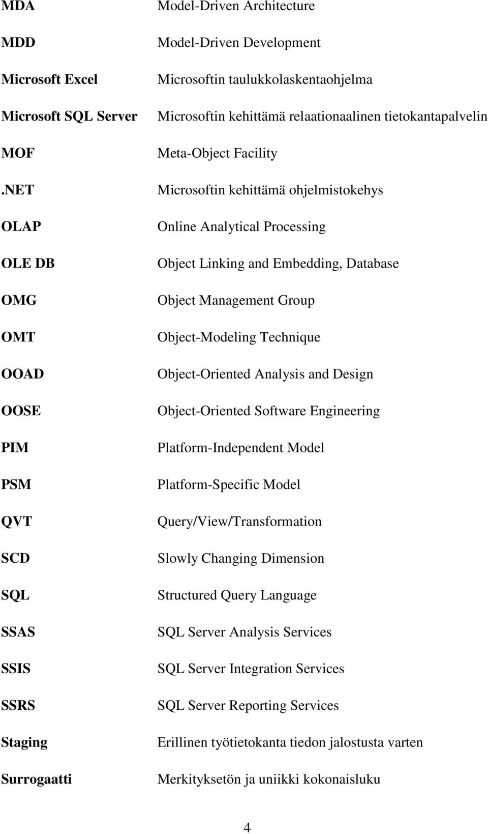 relaationaalinen tietokantapalvelin Meta-Object Facility Microsoftin kehittämä ohjelmistokehys Online Analytical Processing Object Linking and Embedding, Database Object Management Group