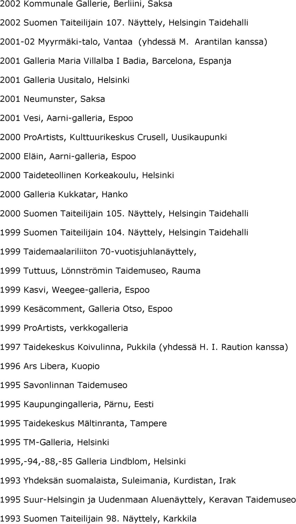 Crusell, Uusikaupunki 2000 Eläin, Aarni-galleria, Espoo 2000 Taideteollinen Korkeakoulu, Helsinki 2000 Galleria Kukkatar, Hanko 2000 Suomen Taiteilijain 105.