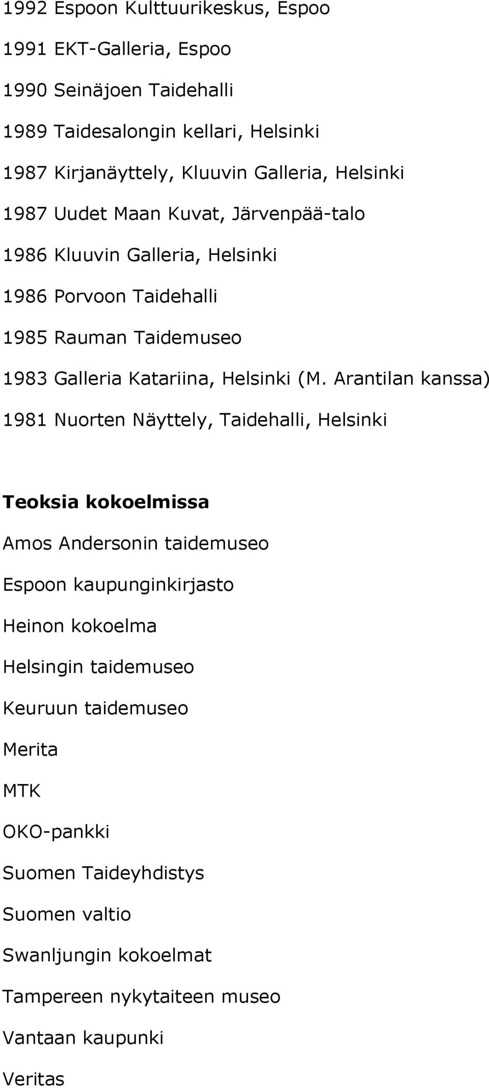 (M. Arantilan kanssa) 1981 Nuorten Näyttely, Taidehalli, Helsinki Teoksia kokoelmissa Amos Andersonin taidemuseo Espoon kaupunginkirjasto Heinon kokoelma