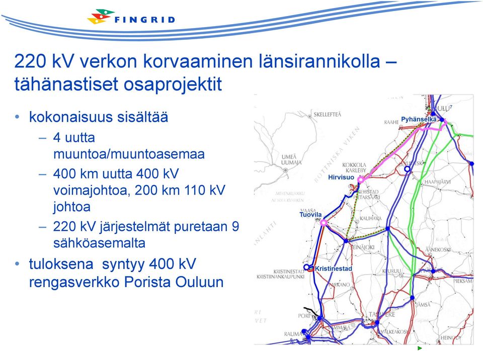 km uutta 400 kv voimajohtoa, 200 km 110 kv johtoa 220 kv