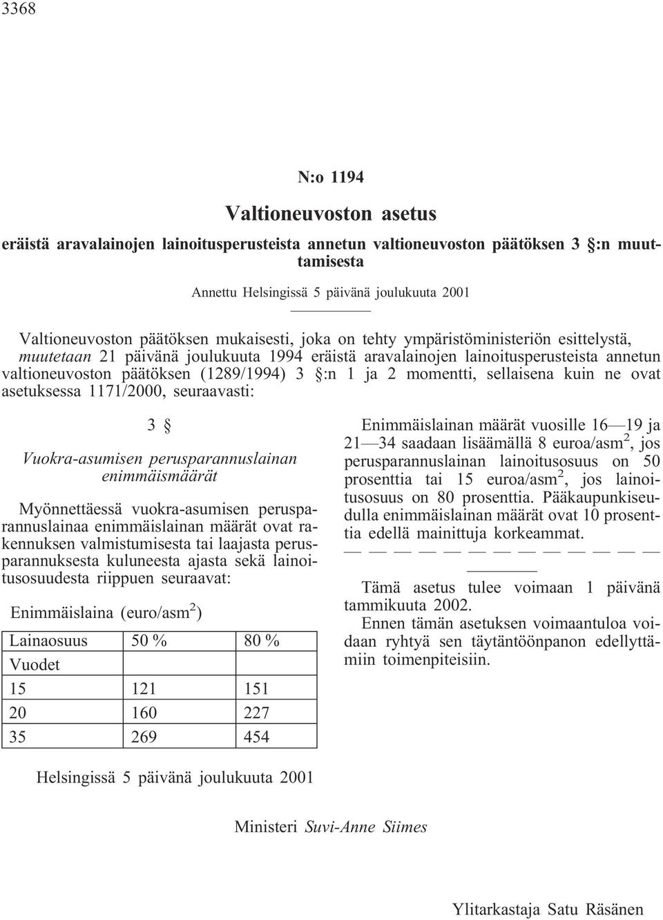 :n 1 ja 2 momentti, sellaisena kuin ne ovat asetuksessa 1171/2000, seuraavasti: 3 Vuokra-asumisen perusparannuslainan enimmäismäärät Myönnettäessä vuokra-asumisen perusparannuslainaa enimmäislainan