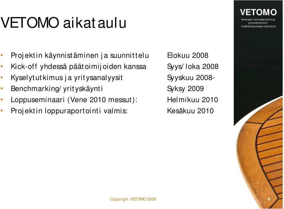 2008 Benchmarking/yrityskäynti Syksy 2009 Loppuseminaari (Vene 2010 messut):