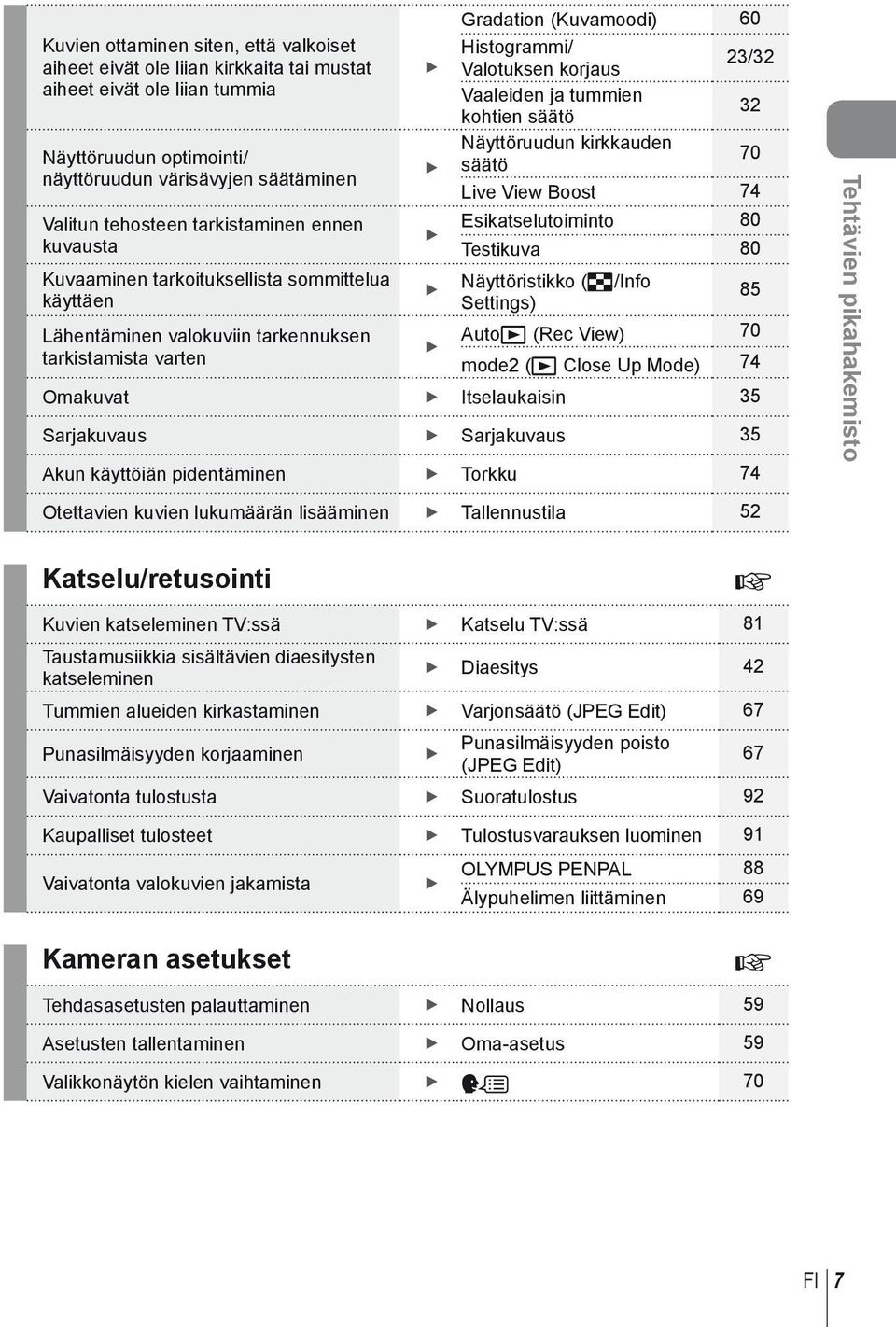 Testikuva 80 85 Lähentäminen valokuviin tarkennuksen Autoq (Rec View) 70 tarkistamista varten mode (q Close Up Mode) 74 Omakuvat Itselaukaisin 5 Sarjakuvaus Sarjakuvaus 5 Akun käyttöiän pidentäminen