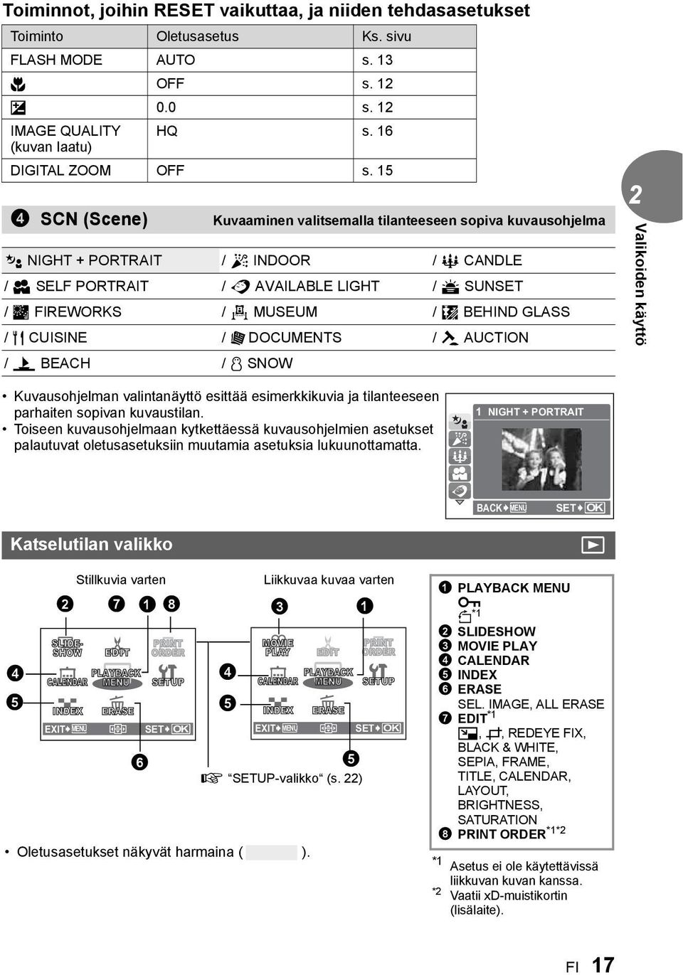 GLASS / V CUISINE / p DOCUMENTS / i AUCTION / Z BEACH / a SNOW Valikoiden käyttö Kuvausohjelman valintanäyttö esittää esimerkkikuvia ja tilanteeseen parhaiten sopivan kuvaustilan.