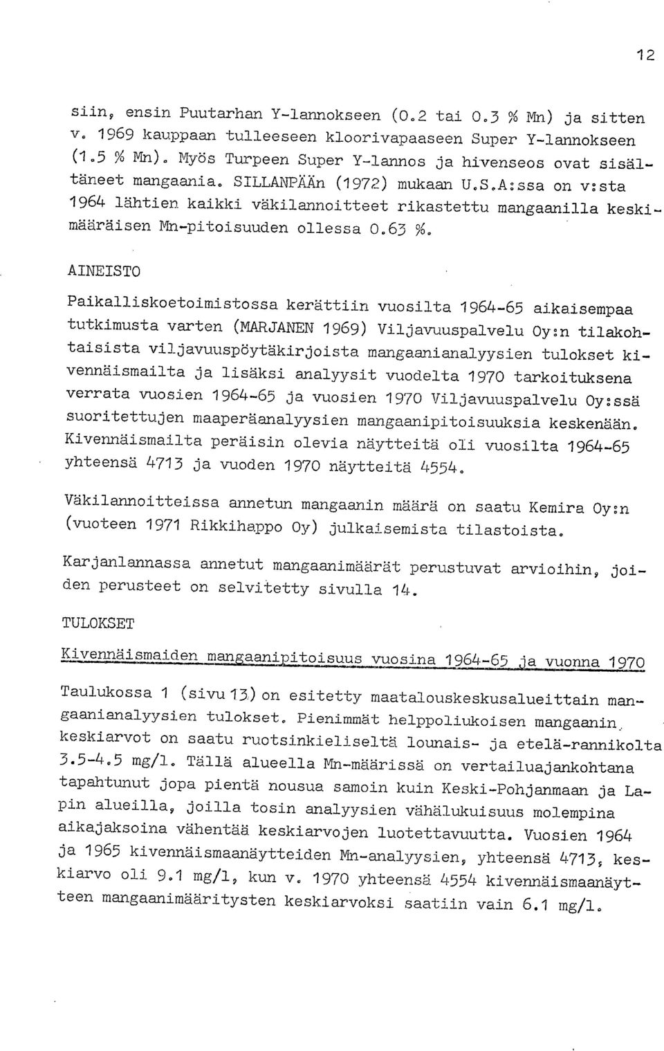 63 %. AINEISTO Paikalliskoetoimistossa kerättiin vuosilta 1964-65 aikaisempaa tutkimusta varten (MARJANEN 1969) Viljavuuspalvelu Oy:n tilakohtaisista viljavuuspöytäkirjoista mangaanianalyysien