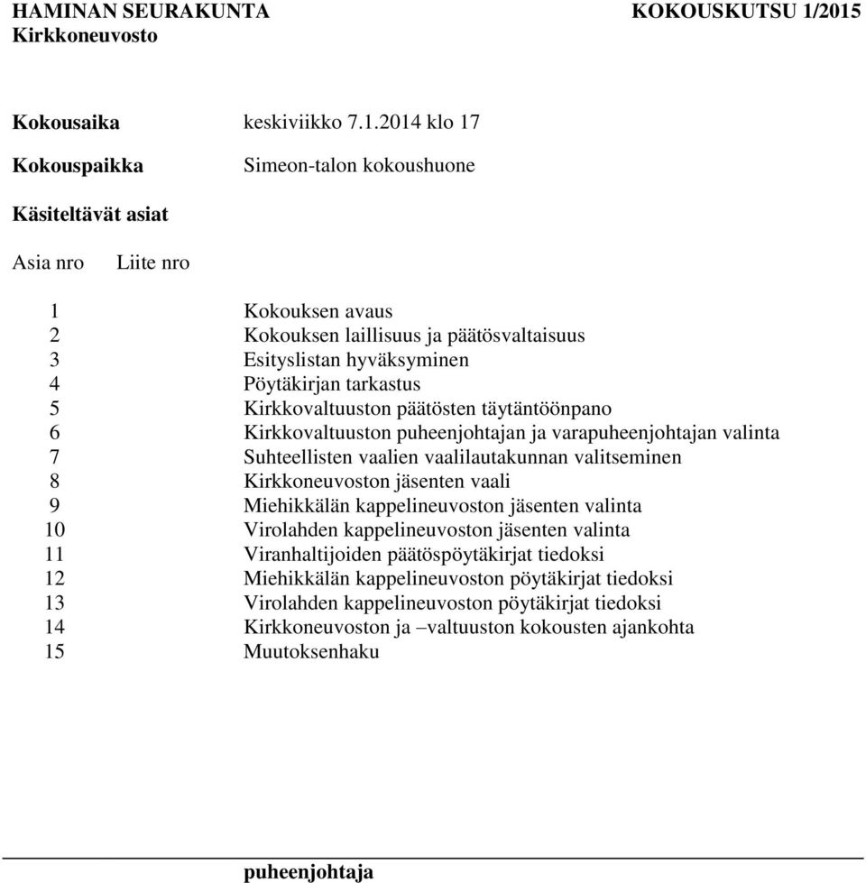 3 listan hyväksyminen 4 Pöytäkirjan tarkastus 5 Kirkkovaltuuston päätösten täytäntöönpano 6 Kirkkovaltuuston puheenjohtajan ja varapuheenjohtajan valinta 7 Suhteellisten vaalien vaalilautakunnan