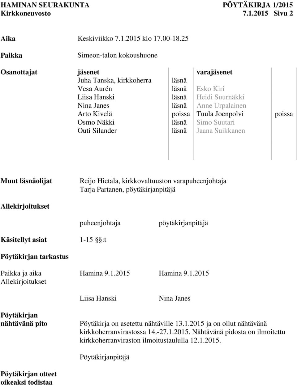 Kivelä poissa Tuula Joenpolvi poissa Osmo Näkki läsnä Simo Suutari Outi Silander läsnä Jaana Suikkanen Muut läsnäolijat Reijo Hietala, kirkkovaltuuston varapuheenjohtaja Tarja Partanen,