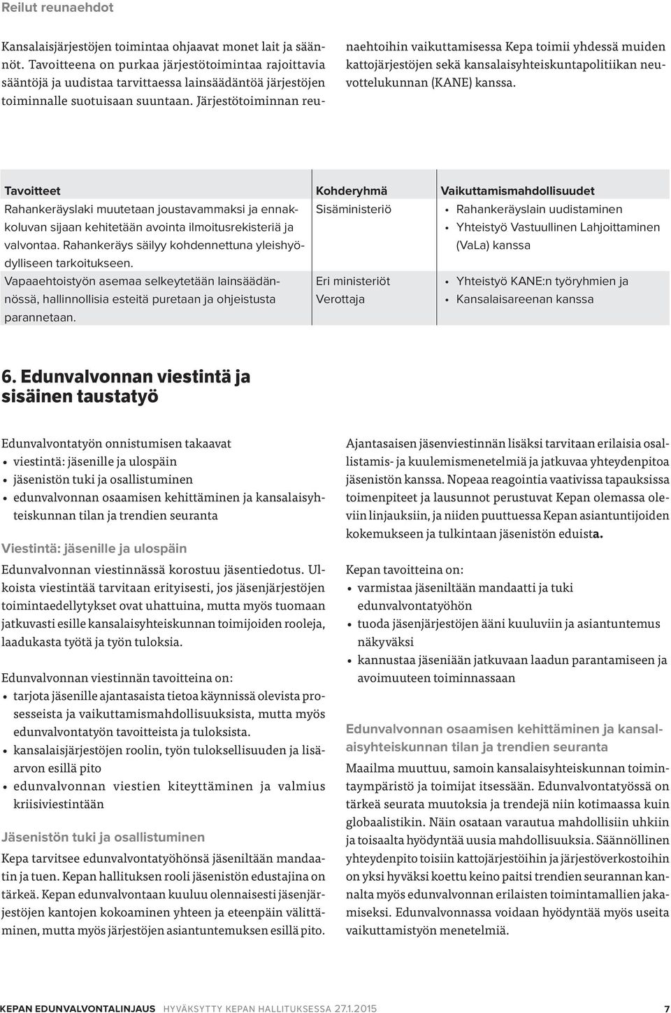 Järjestötoiminnan reunaehtoihin vaikuttamisessa Kepa toimii yhdessä muiden kattojärjestöjen sekä kansalaisyhteiskuntapolitiikan neuvottelukunnan (KANE) kanssa.