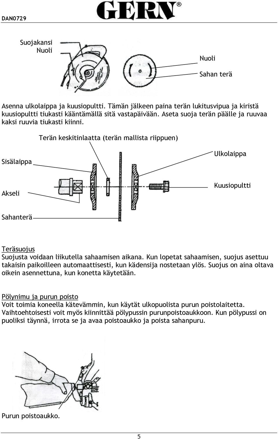 Terän keskitinlaatta (terän mallista riippuen) Sisälaippa Ulkolaippa Akseli Kuusiopultti Sahanterä Teräsuojus Suojusta voidaan liikutella sahaamisen aikana.