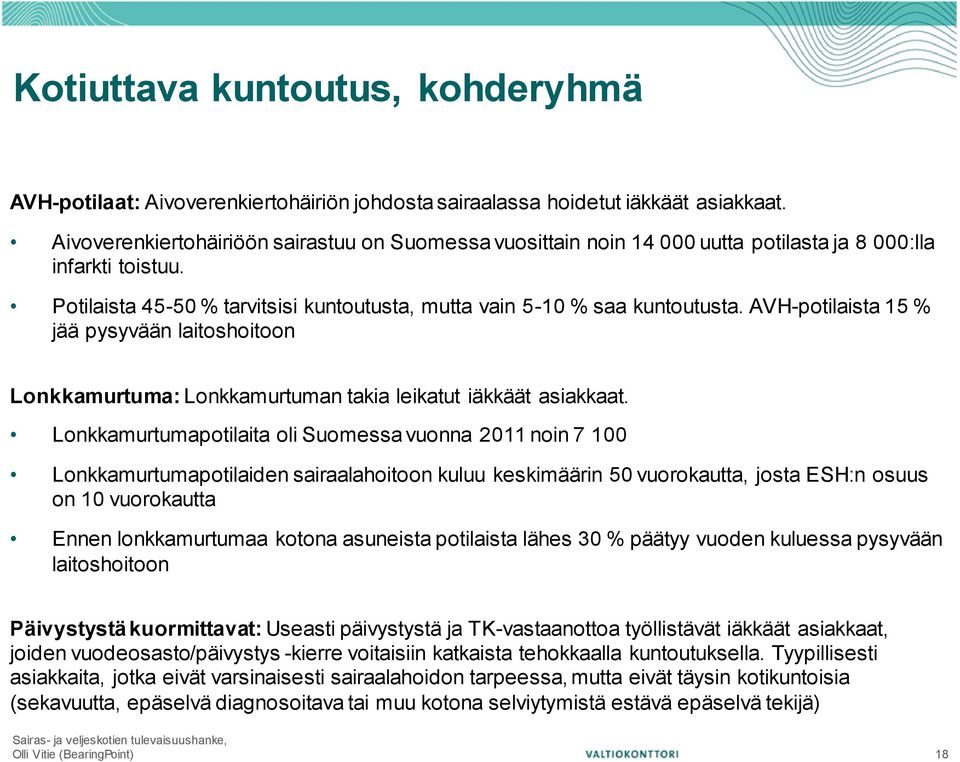 AVH-potilaista 15 % jää pysyvään laitoshoitoon Lonkkamurtuma: Lonkkamurtuman takia leikatut iäkkäät asiakkaat.