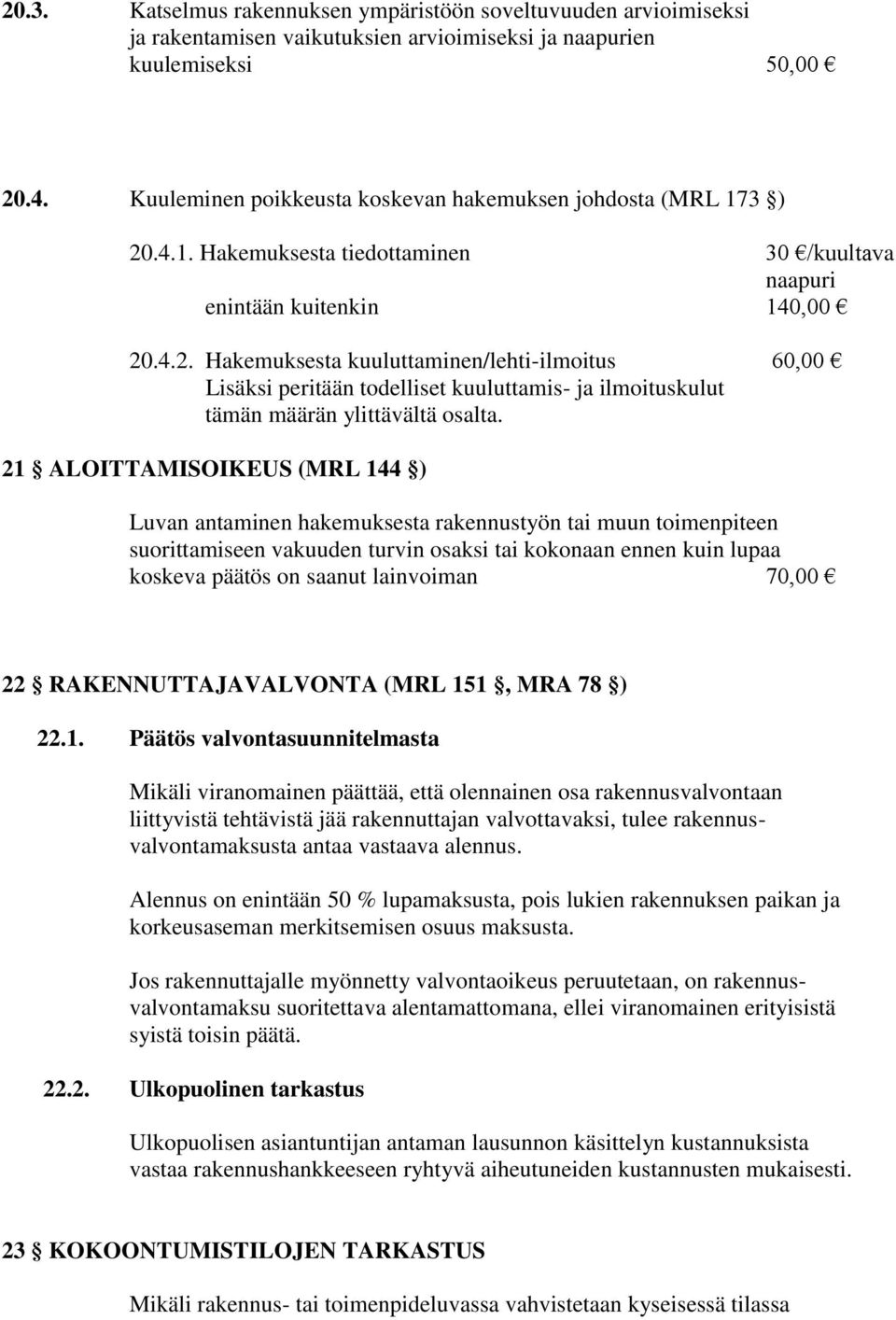 .4.1. Hakemuksesta tiedottaminen 30 /kuultava naapuri enintään kuitenkin 140,00 20