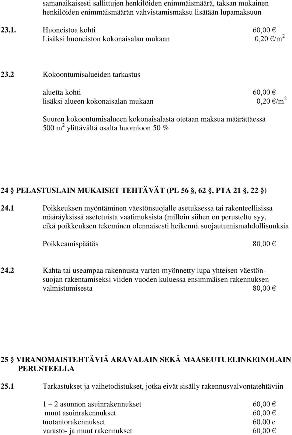 2 Kokoontumisalueiden tarkastus aluetta kohti 60,00 lisäksi alueen kokonaisalan mukaan 0,20 /m 2 Suuren kokoontumisalueen kokonaisalasta otetaan maksua määrättäessä 500 m 2 ylittävältä osalta