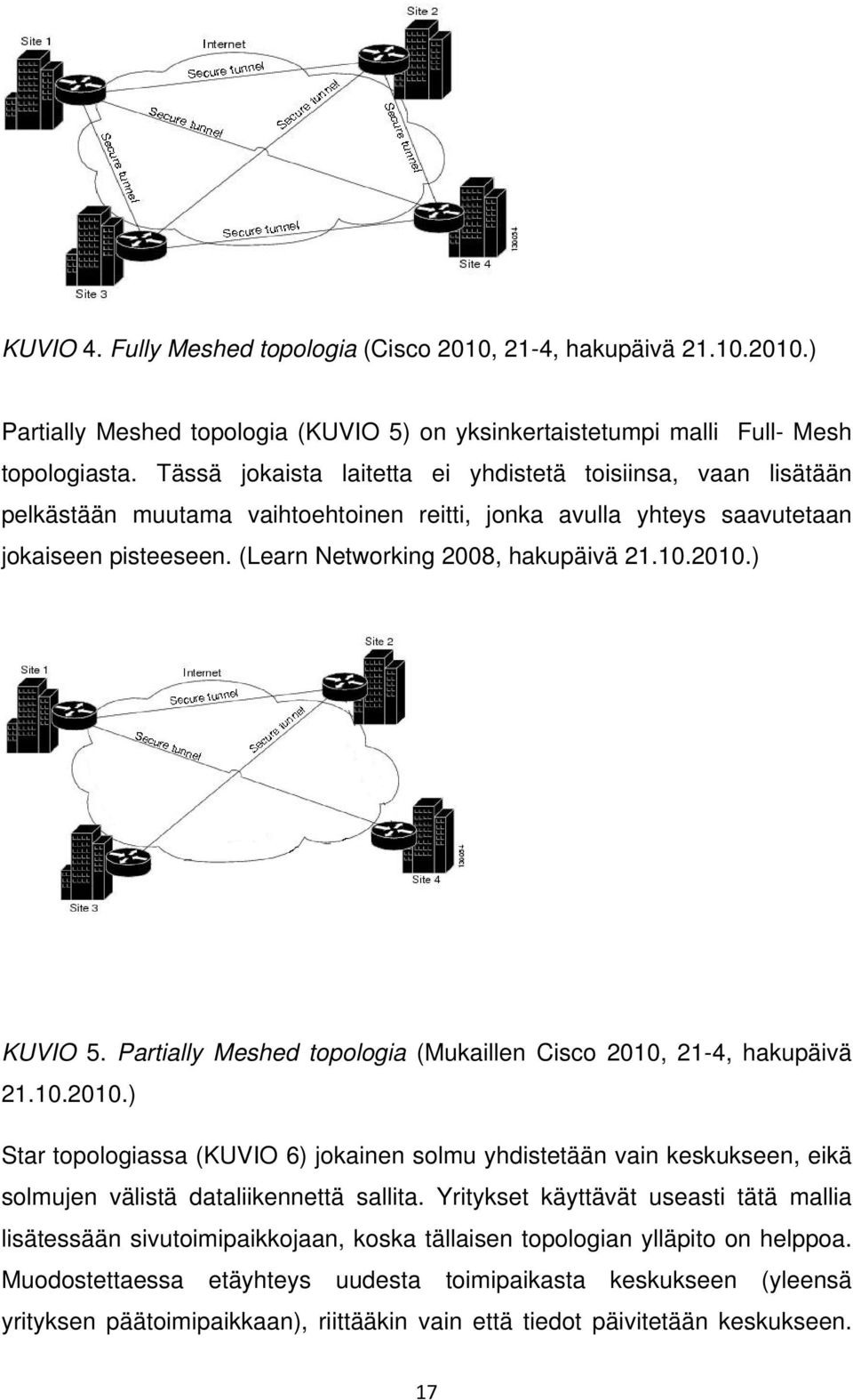 2010.) KUVIO 5. Partially Meshed topologia (Mukaillen Cisco 2010, 21-4, hakupäivä 21.10.2010.) Star topologiassa (KUVIO 6) jokainen solmu yhdistetään vain keskukseen, eikä solmujen välistä dataliikennettä sallita.