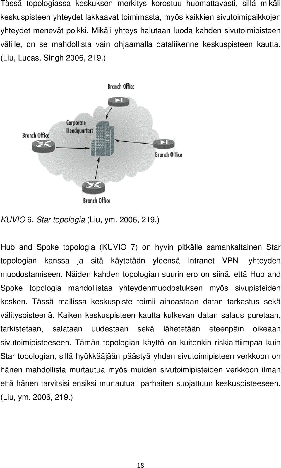 2006, 219.) Hub and Spoke topologia (KUVIO 7) on hyvin pitkälle samankaltainen Star topologian kanssa ja sitä käytetään yleensä Intranet VPN- yhteyden muodostamiseen.
