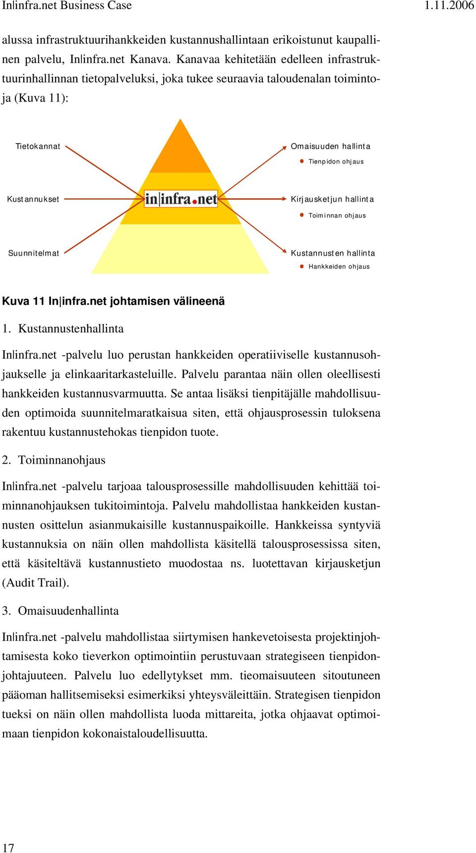 Kirjausketjun hallinta Toiminnan ohjaus Suunnitelmat Kustannusten hallinta Hankkeiden ohjaus Kuva 11 In infra.net johtamisen välineenä 1. Kustannustenhallinta In infra.