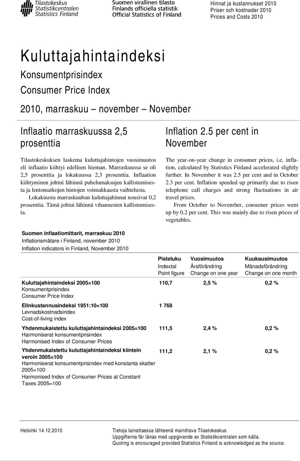 Inflaation kiihtyminen johtui lähinnä puhelumaksujen kallistumisesta ja lentomatkojen hintojen voimakkaasta vaihtelusta. Lokakuusta marraskuuhun kuluttajahinnat nousivat 0,2 prosenttia.