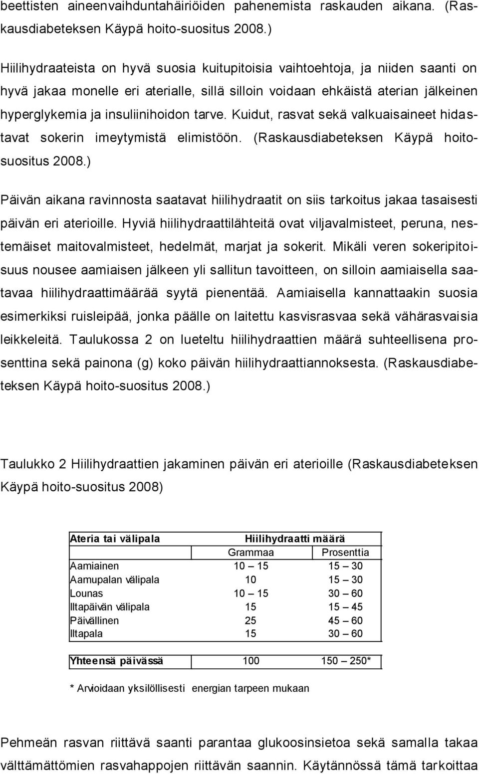 tarve. Kuidut, rasvat sekä valkuaisaineet hidastavat sokerin imeytymistä elimistöön. (Raskausdiabeteksen Käypä hoitosuositus 2008.