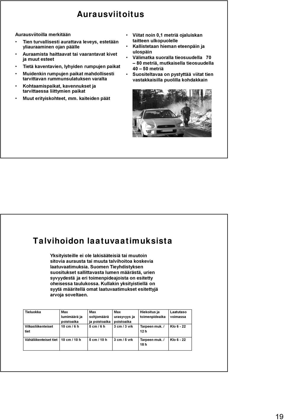 kaiteiden päät Viitat noin 0,1 metriä ojaluiskan taitteen ulkopuolelle Kallistetaan hieman eteenpäin ja ulospäin Välimatka suoralla tieosuudella 70 80 metriä, mutkaisella tieosuudella 40 50 metriä