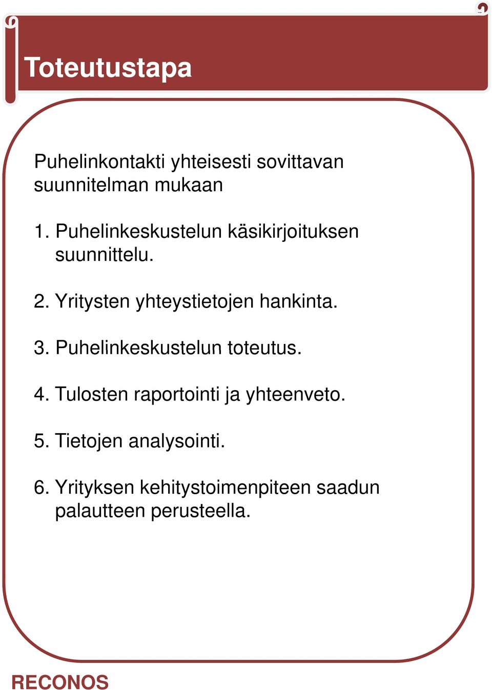 Yritysten yhteystietojen hankinta. 3. Puhelinkeskustelun toteutus. 4.