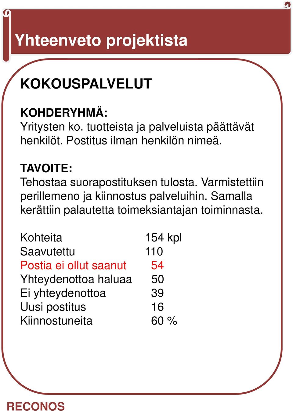 Varmistettiin perillemeno ja kiinnostus palveluihin.