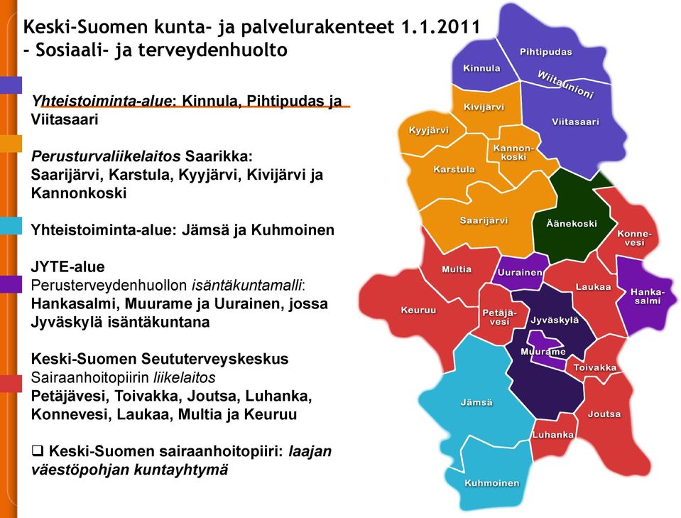 Karstula, Kyyjärvi, Kivijärvi ja Kannonkoski Yhteistoiminta-alue: Jämsä ja Kuhmoinen JYTE-alue Perusterveydenhuollon isäntäkuntamalli: