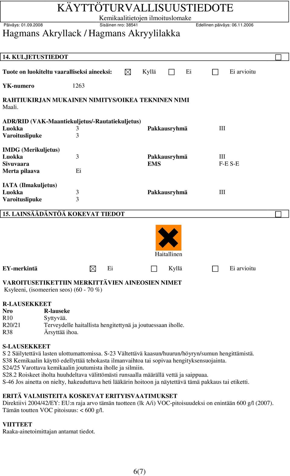 Luokka 3 Pakkausryhmä III Varoituslipuke 3 15.