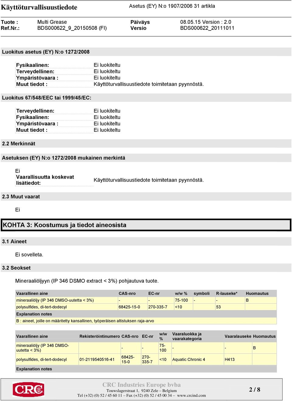 2 Merkinnät Asetuksen (EY) N:o 1272/2008 mukainen merkintä Ei Vaarallisuutta koskevat lisätiedot: Käyttöturvallisuustiedote toimitetaan pyynnöstä. 2.