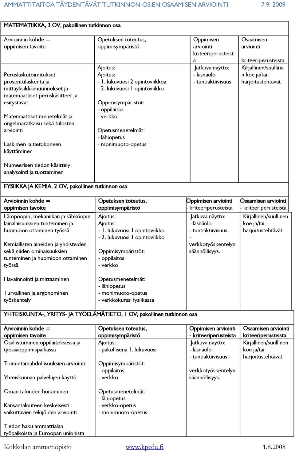 Osaamisen Kirjallinen/suulline n ja/tai Numeerisen tiedon käsittely, analysointi ja tuottaminen FYSIIKKA JA KEMIA, 2 OV, pakollinen tutkinnon osa Lämpöopin, mekaniikan ja sähköopin lainalaisuuksien