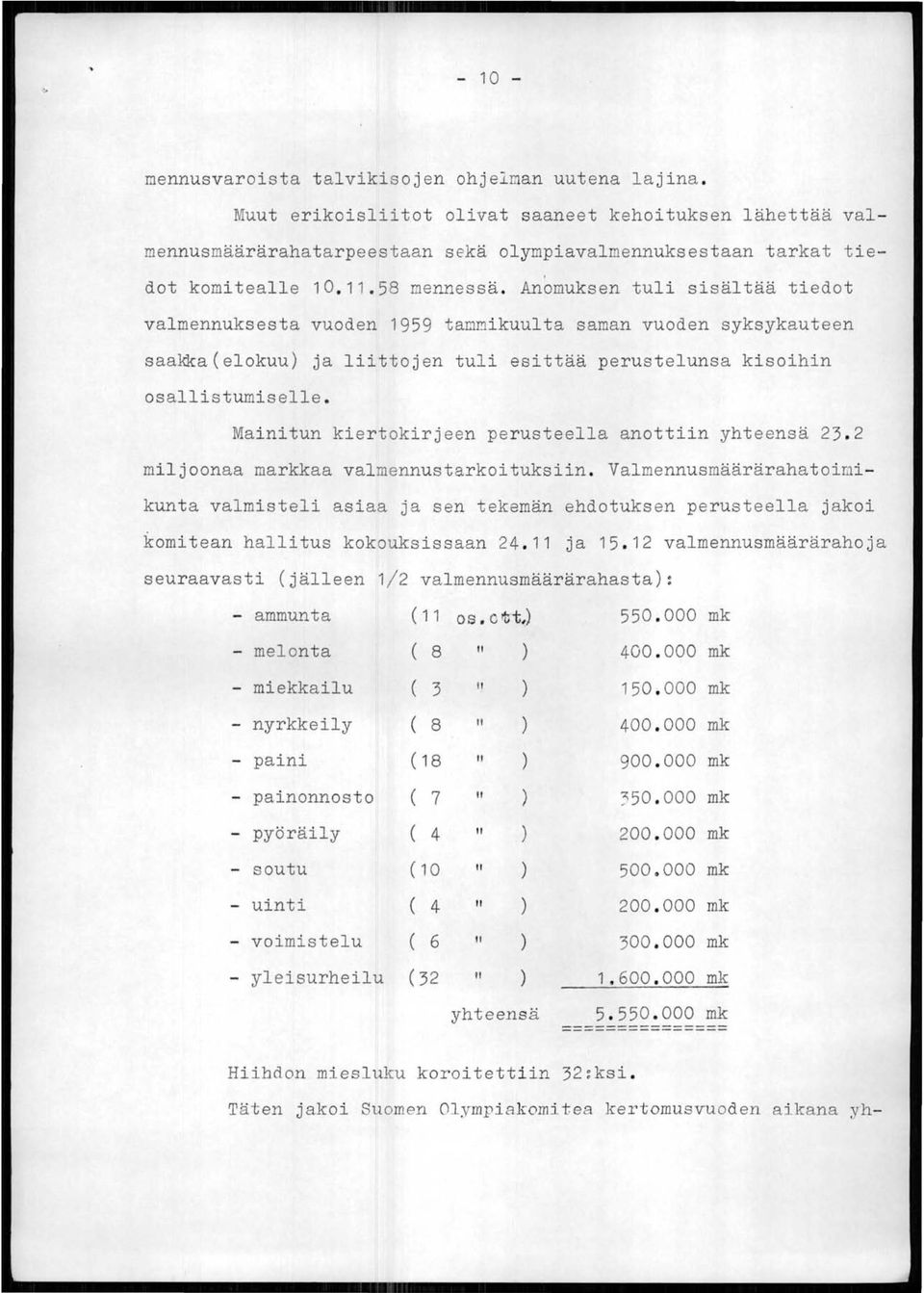 Anomuksen tuli sisältää tiedot valmennuksesta vuoden 1959 tammikuulta saman vuoden syksykauteen saakka (elokuu) ja liittojen tuli esittää perustelunsa kisoihin osallistumiselle.