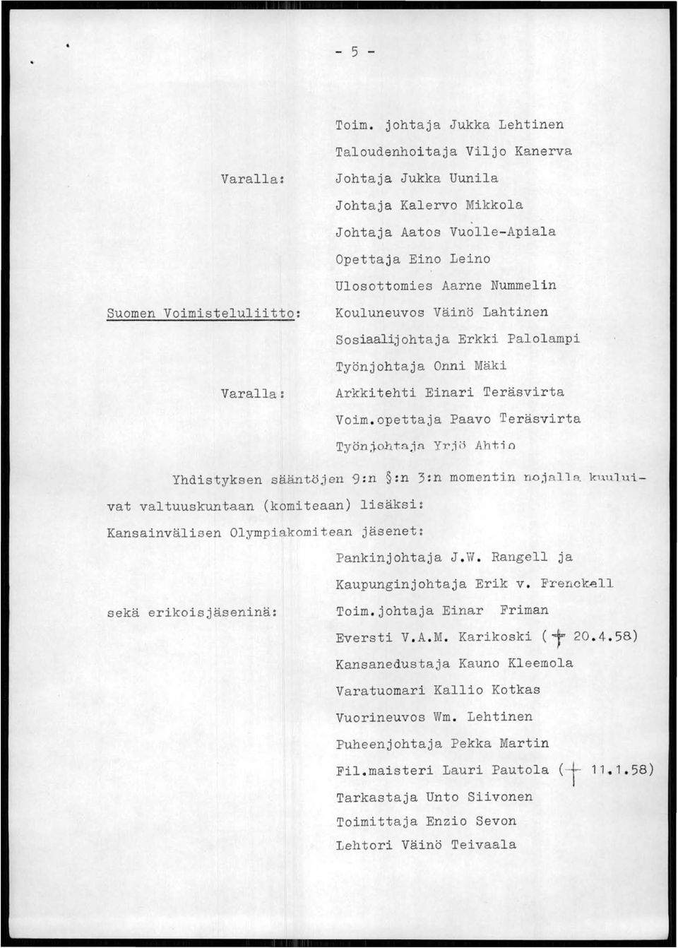 Kouluneuvos Väinö Lahtinen Sosiaal~ohtaja Erkki Palolampi Työnjohtaja Onni Mäki Arkkitehti Einari Teräsvirta Voim.