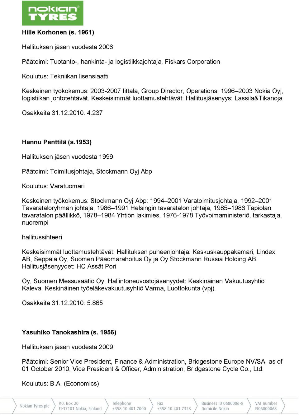 Director, Operations; 1996 2003 Nokia Oyj, logistiikan johtotehtävät. Keskeisimmät luottamustehtävät: Hallitusjäsenyys: Lassila&Tikanoja Osakkeita 31.12.2010: 4.237 Hannu Penttilä (s.