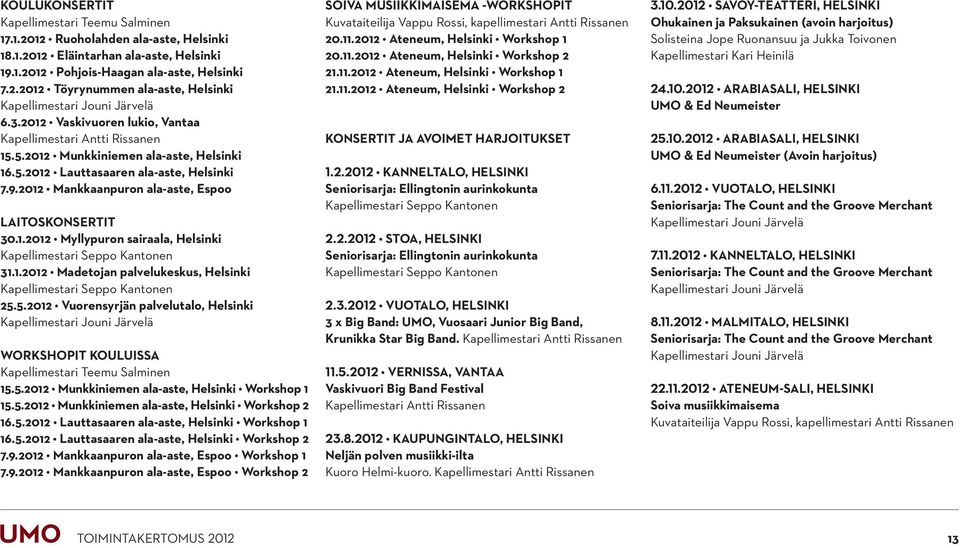 2012 Mankkaanpuron ala-aste, Espoo LAITOSKONSERTIT 30.1.2012 Myllypuron sairaala, Helsinki Kapellimestari Seppo Kantonen 31.1.2012 Madetojan palvelukeskus, Helsinki Kapellimestari Seppo Kantonen 25.