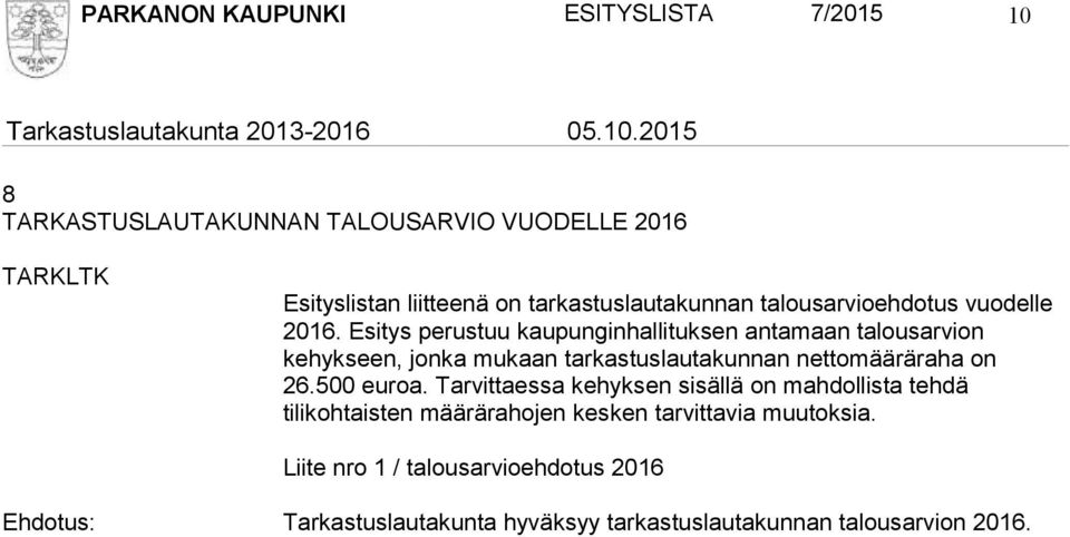 Esitys perustuu kaupunginhallituksen antamaan talousarvion kehykseen, jonka mukaan tarkastuslautakunnan nettomääräraha on 26.