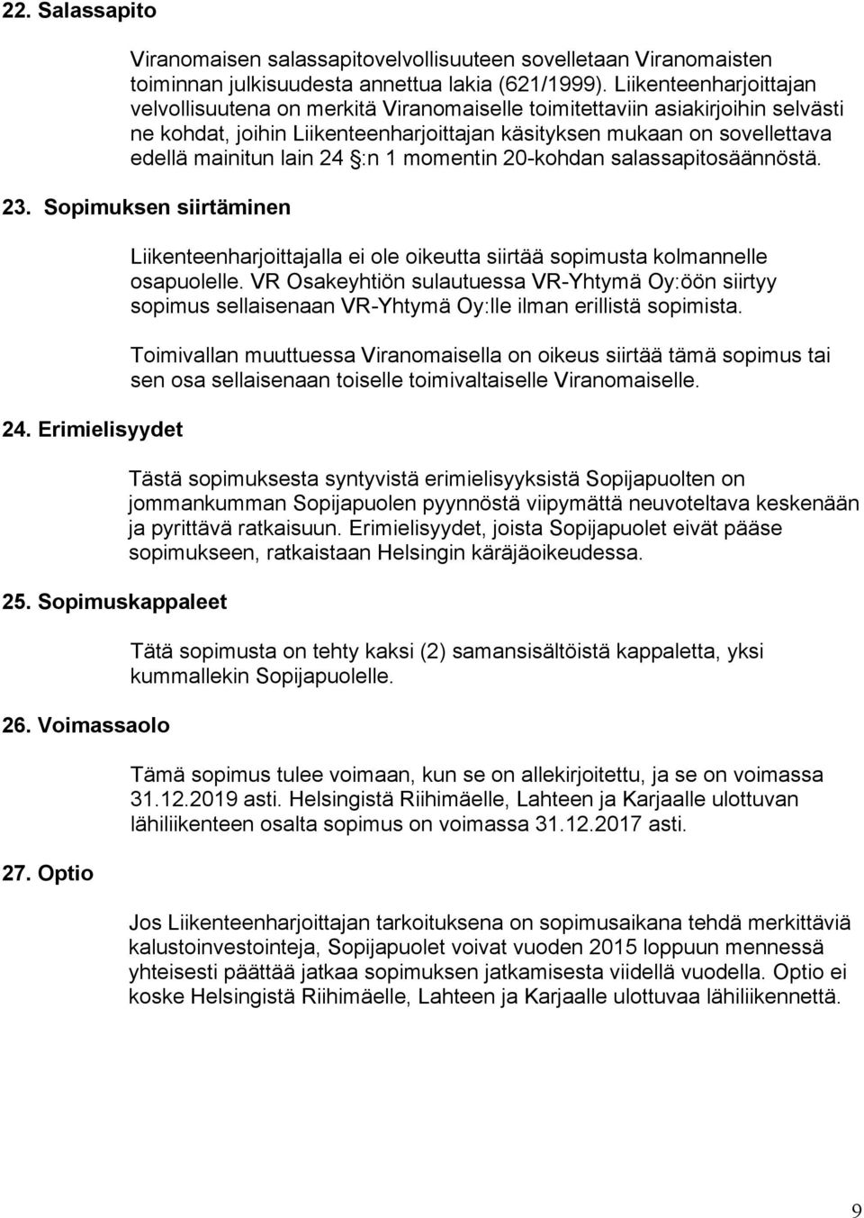 24 :n 1 momentin 20-kohdan salassapitosäännöstä. 23. Sopimuksen siirtäminen 24. Erimielisyydet 25. Sopimuskappaleet 26. Voimassaolo 27.