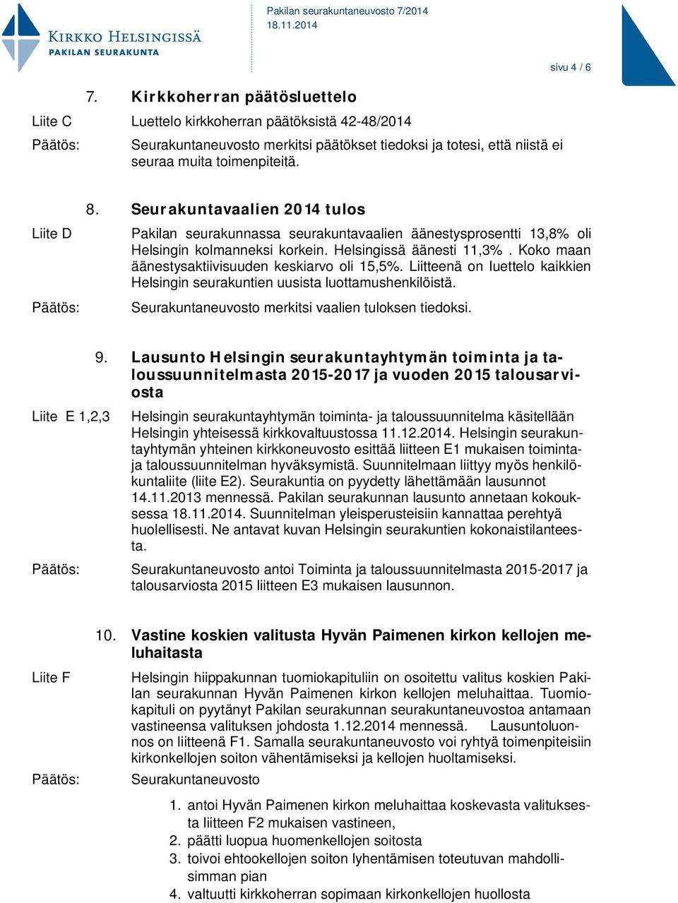 Koko maan äänestysaktiivisuuden keskiarvo oli 15,5%. Liitteenä on luettelo kaikkien Helsingin seurakuntien uusista luottamushenkilöistä. Seurakuntaneuvosto merkitsi vaalien tuloksen tiedoksi.