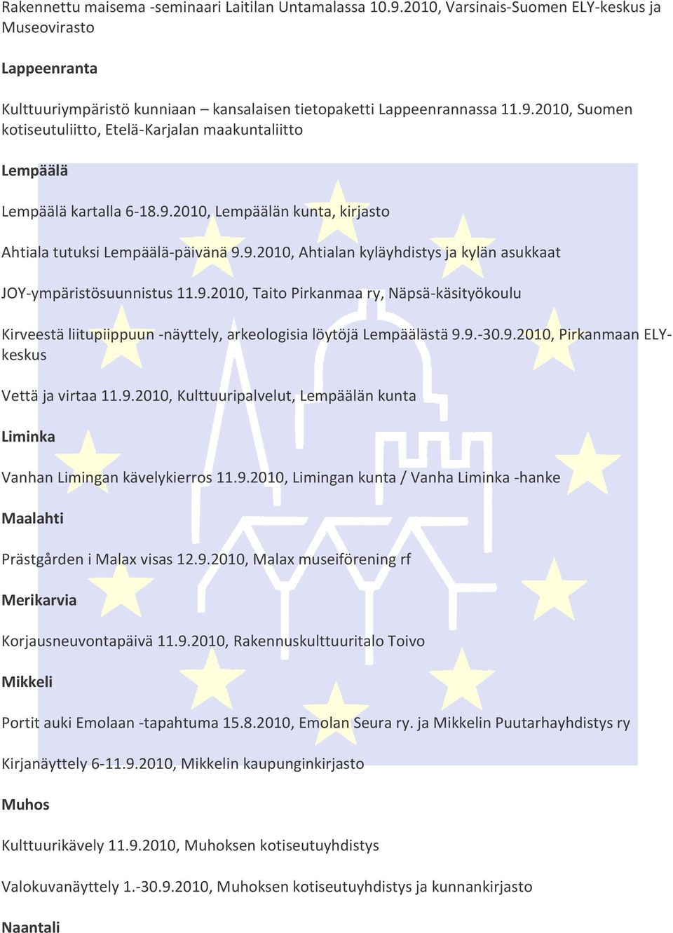 9.-30.9.2010, Pirkanmaan ELYkeskus Vettä ja virtaa 11.9.2010, Kulttuuripalvelut, Lempäälän kunta Liminka Vanhan Limingan kävelykierros 11.9.2010, Limingan kunta / Vanha Liminka -hanke Maalahti Prästgården i Malax visas 12.