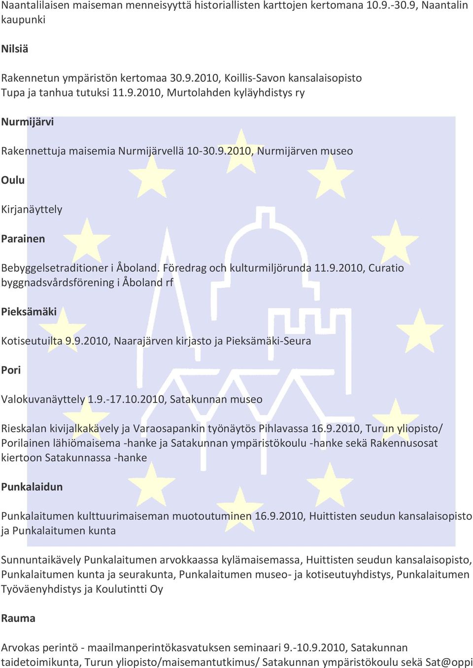 Föredrag och kulturmiljörunda 11.9.2010, Curatio byggnadsvårdsförening i Åboland rf Pieksämäki Kotiseutuilta 9.9.2010, Naarajärven kirjasto ja Pieksämäki-Seura Pori Valokuvanäyttely 1.9.-17.10.2010, Satakunnan museo Rieskalan kivijalkakävely ja Varaosapankin työnäytös Pihlavassa 16.