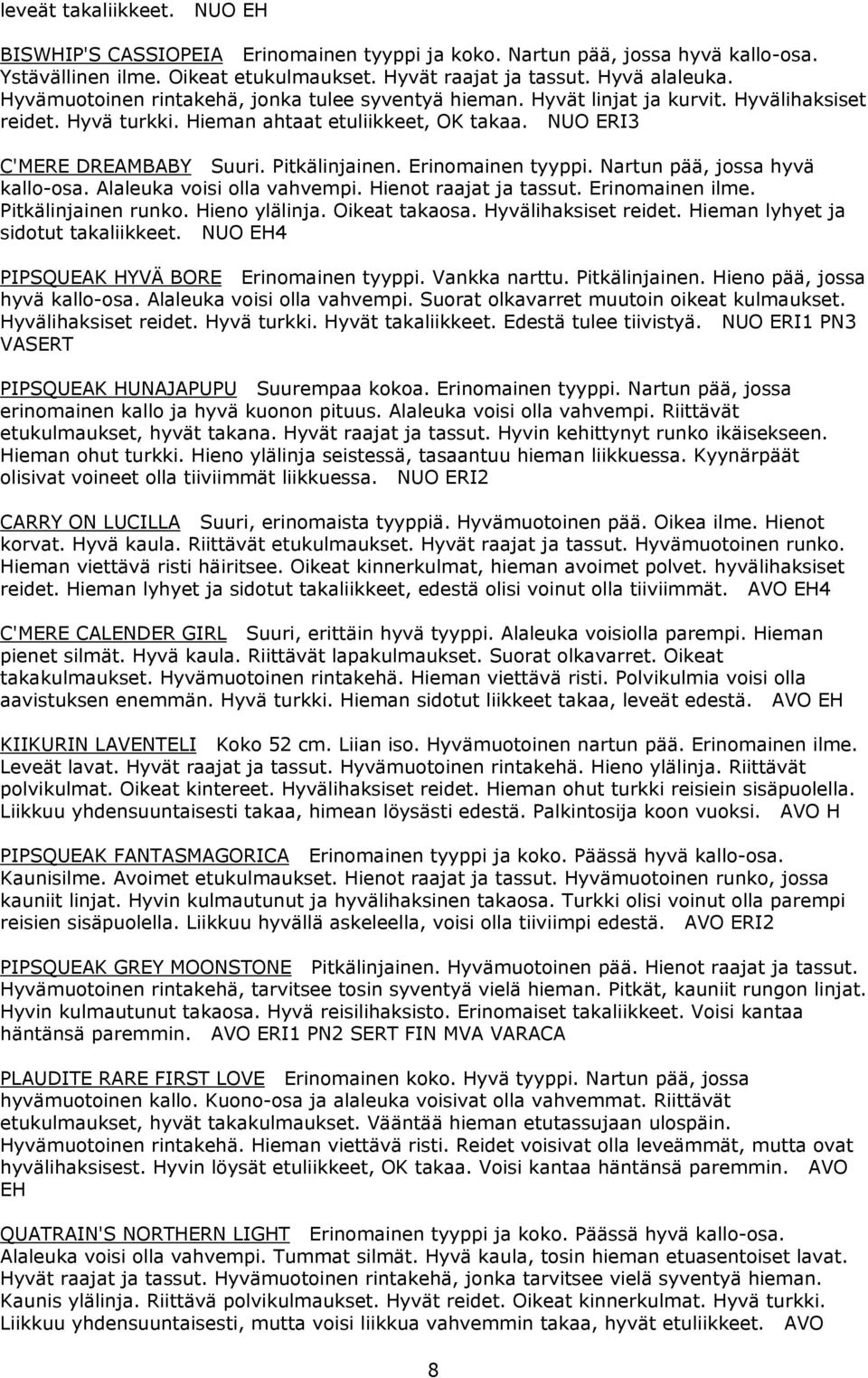 Erinomainen tyyppi. Nartun pää, jossa hyvä kallo-osa. Alaleuka voisi olla vahvempi. Hienot raajat ja tassut. Erinomainen ilme. Pitkälinjainen runko. Hieno ylälinja. Oikeat takaosa.